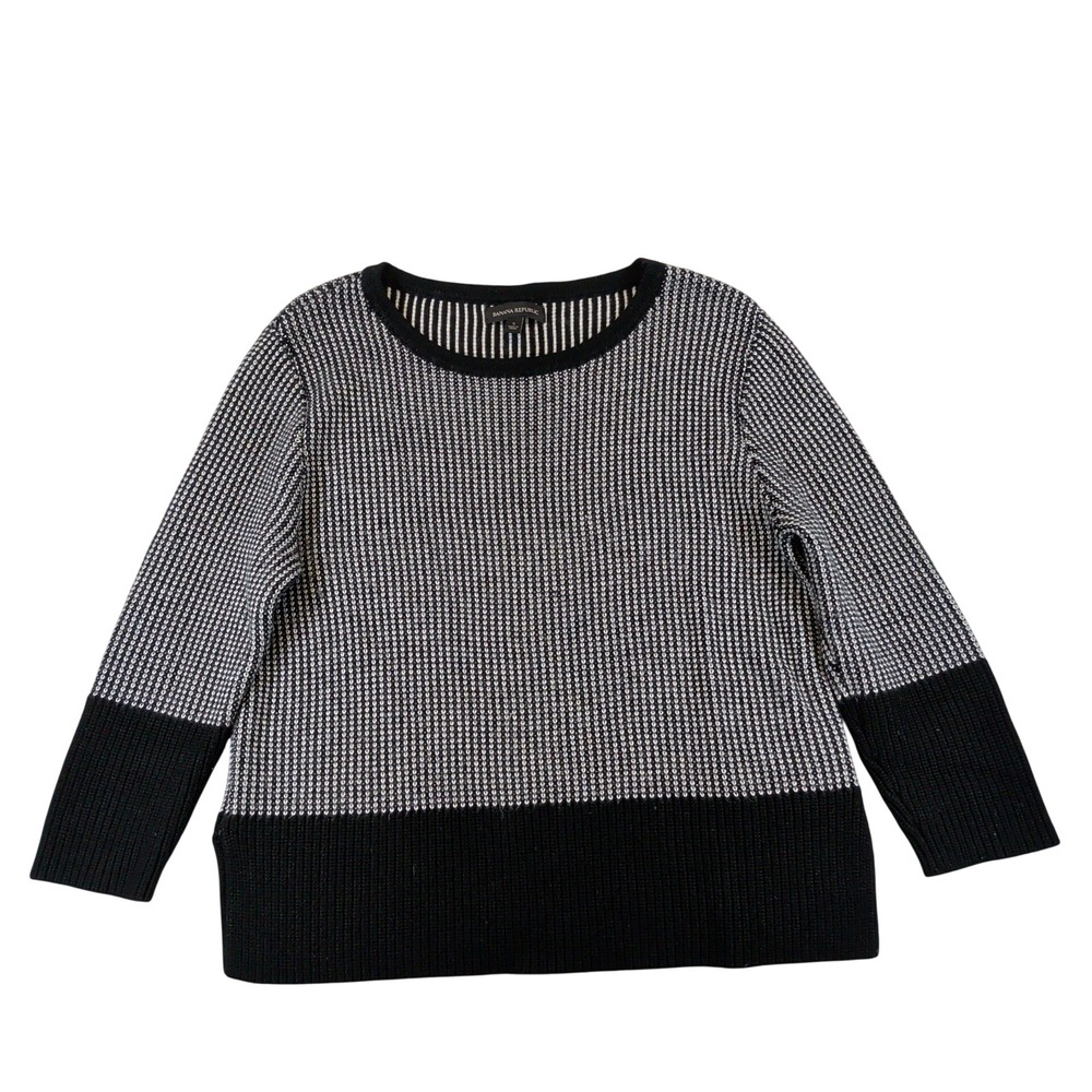 Banana Republic Womens Black White Merino Wool Blend Waffle Knit Sweater Small